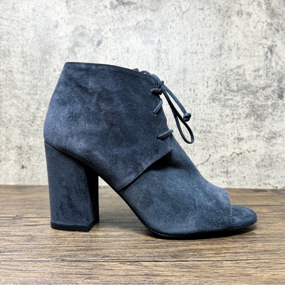 Delman suede gray-blue open toe booties, leather Anita heeled boots, size 9.5 - Picture 7 of 11
